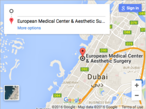 Image of Google Maps location of European Medical Center & Aesthetic Surgery on Jumeirah Beach Road Dubai